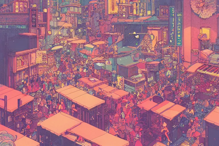 Image similar to a scene of a bustling fantasy city, risograph, retro fantasy style, victo ngai, moebius, studio ghibli