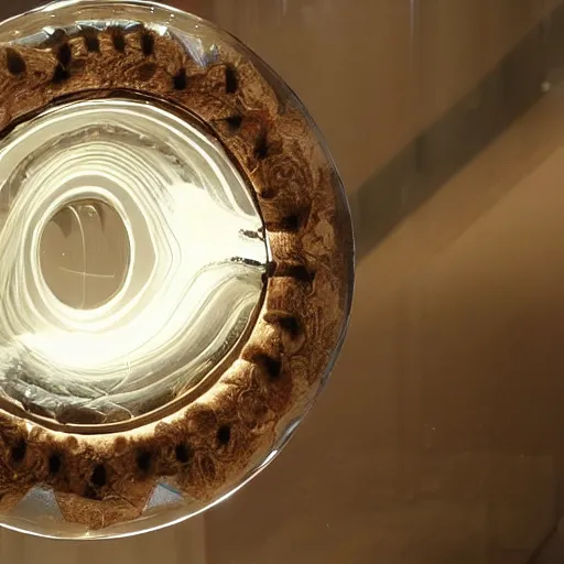 Prompt: a bone flute inside of a glass cover, the glass cover is inside of a museum, in the reflection of the glass you can see a group of people.