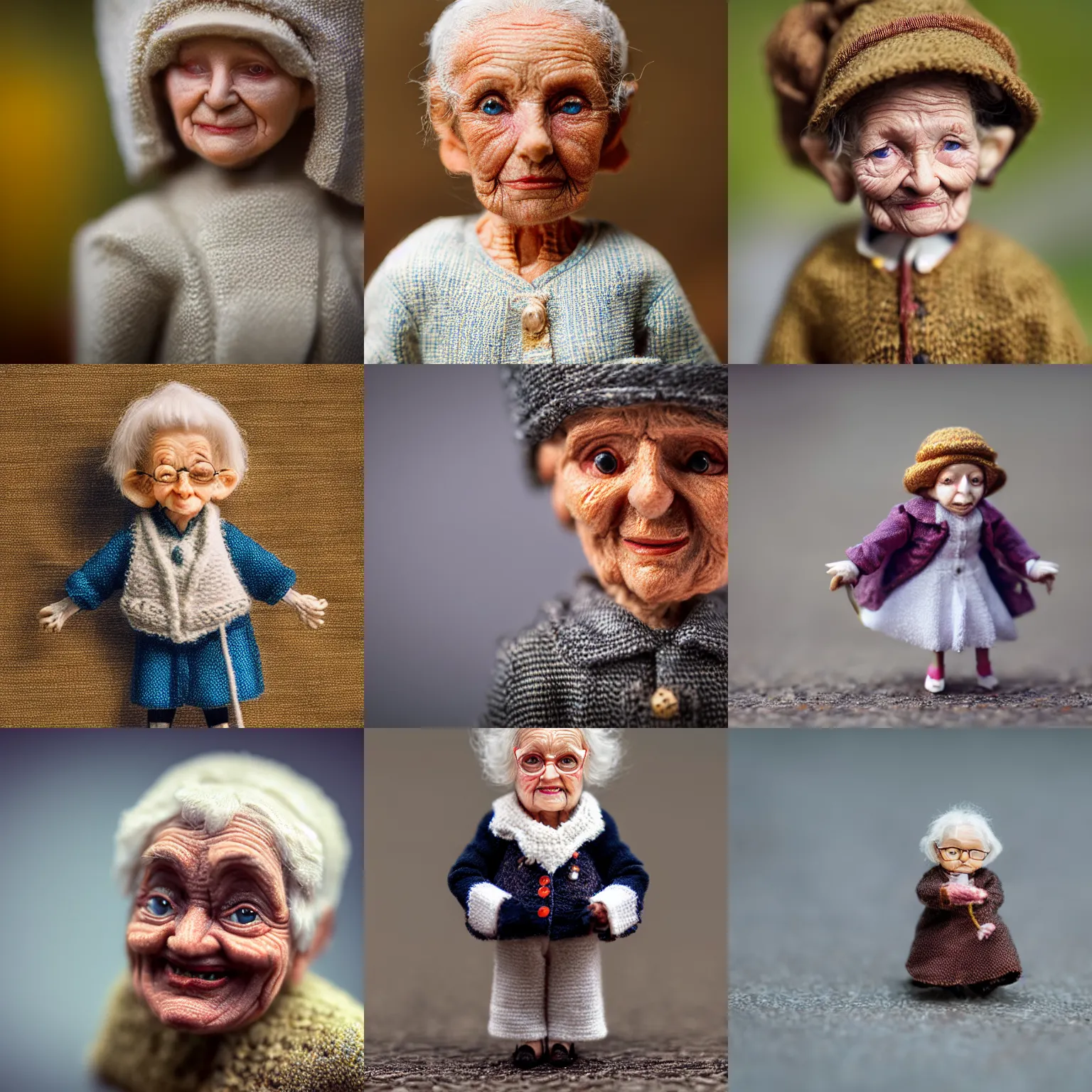 Prompt: miniature 1 0 0 year old woman, short dof, macro photo, tiltshift, cutest, large head, tiny body, hyper realistic, minutely detailed, 8 k