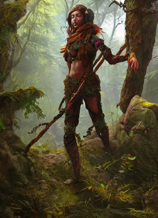 Image similar to detailed full body concept colorful fantasy painting of a forest huntress, cinematic lighting, hyperdetailed, 8k, high resolution, insanely detailed and intricate, octane render