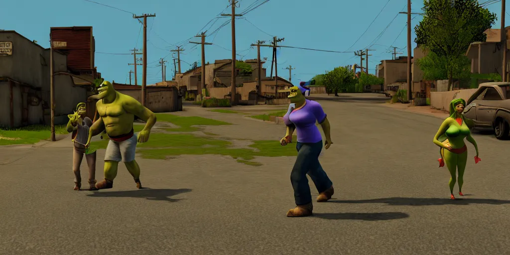 Image similar to Shrek and fiona in GTA San Andreas, cinematic shot, highly detailed, 4k