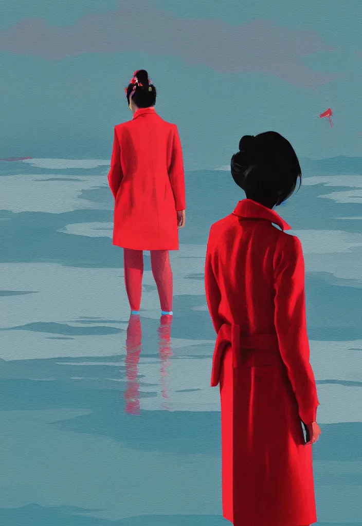 Image similar to wide shot rear view holding dslr camera photographer woman hair in a bun kanzashi long red pattern coat backpack sneakers looking out over a placid lake, a character design painting, in the style of wes anderson, lola dupre, david hockney, isolated on negative white space background dark monochrome neon fluorescent spraypaint accents volumetric octane render, no double