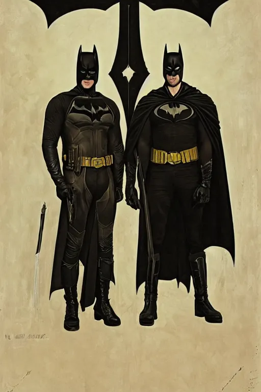 Image similar to a detailed matte portrait of jensen ackles and misha collins dressed as batman and robin, masterpiece, 8 k, art by alphonse mucha and greg rutkowski