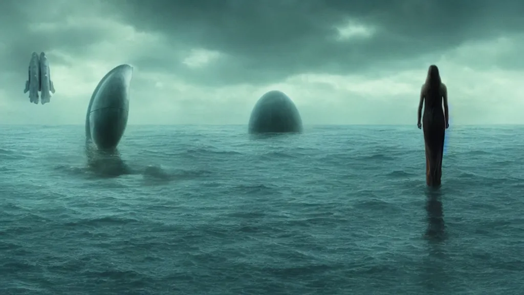 Image similar to photo of Polly Gray coming out of the ocean, extreme detailed face, spaceship far on the background, film still from the movie directed by Denis Villeneuve with art direction by Zdzisław Beksiński, wide lens