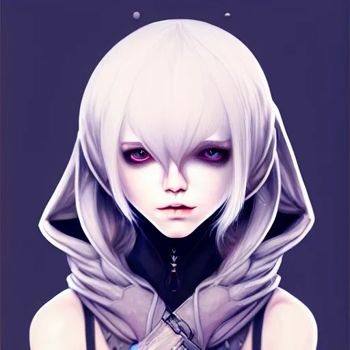 Prompt: portrait of a lttle female character in hood inspired by 9 s nier automata, artwork by artgem lau, anna dittman, wlop and rossdraws, anatomically correct, smooth, clean detailed, sharped focus, symmetrical, perfect composition, illustration, extremely coherent, detailed face, arstation