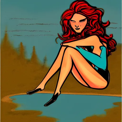 Image similar to a beautiful comic book illustration of a woman with long red hair sitting near a lake at night by darwyn cooke, featured on artstation