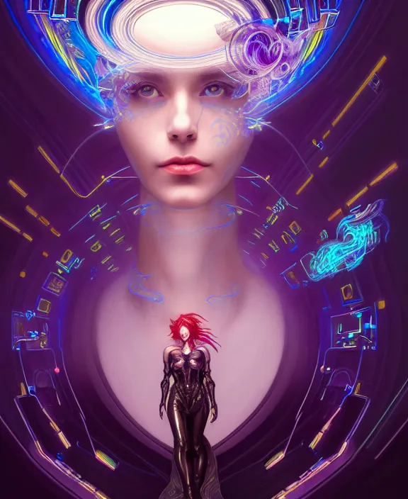 Image similar to a whirlwind of souls rushing inside the metaverse, hologram, half body, neurochip, shaved temple, piercing, jewelry, android, cyborg, cyberpunk face, by loish, d & d, fantasy, intricate, elegant, highly detailed, colorful, digital painting, artstation, concept art, art by artgerm and greg rutkowski and alphonse mucha