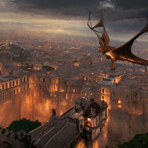 Image similar to the monumental city of caceres with smaug flying over it, dramatic lighting, cinematic, extremly high detail, photorealistic, cinematic lighting, post processed, concept art, artstation, matte painting, style by greg rutkowsky