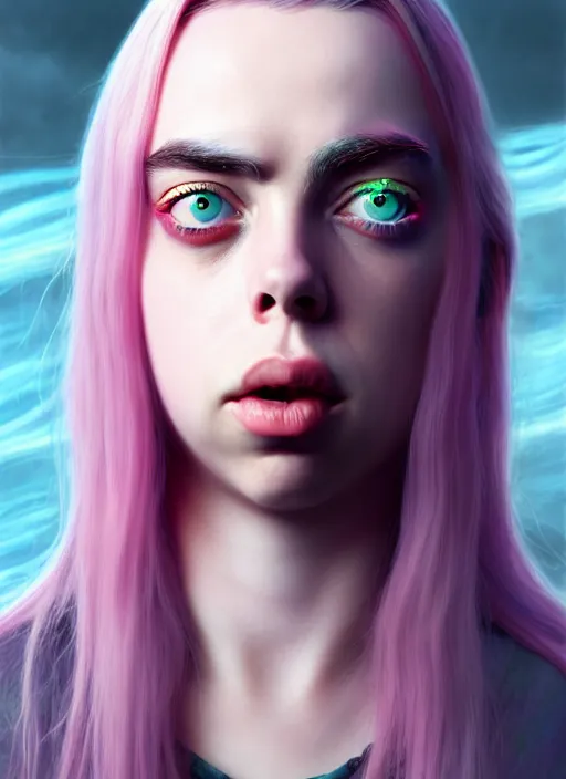 Image similar to Billie Eilish as Female Loki, beautiful facial symmetry, rose pink skin color, hyper realistic, hyper detail, very detailed, digital art, trending on artstation, smooth render, 8k octane render, digital illustration, by Katsuhiro Otomo and Shigeru Miyamoto