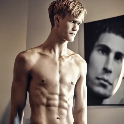 Image similar to a realistic detailed photo of a guy who is an attractive humanoid who is half robot and half humanoid, who is a male android, soccer player martin ødegaard, shiny skin, posing like a statue, blank stare, in a living room, on display, showing off his muscles