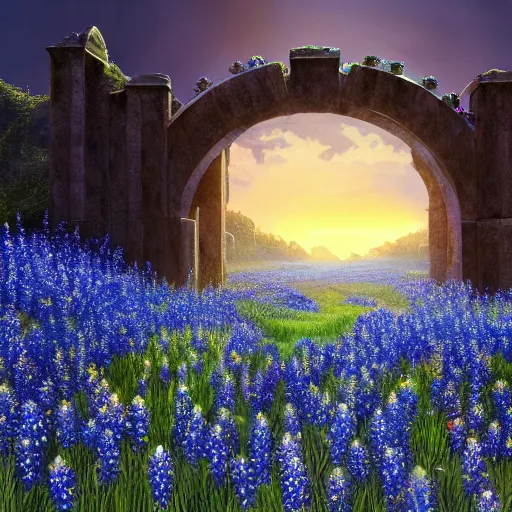 Prompt: a beautiful and detailed picture of gateway to the underworld surrounded by a field of bluebonnets, in the style of magic the gathering, highly detailed, digital painting, ominous sunset, volumetric lighting, octane render, 4 k resolution, art by adam paquette and johann bodin and jason rainville