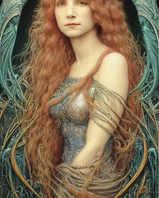 Image similar to matte painting portrait shot, beautiful mira sorvino, detailed and intricate by jean delville, gustave dore and marco mazzoni, art nouveau, symbolist, visionary, colourful, pre - raphaelite