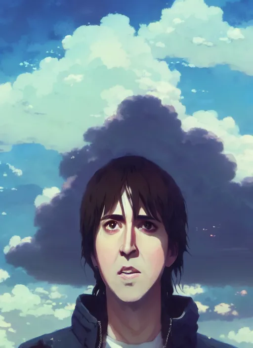 Image similar to portrait of nicolas cage, cloudy sky background lush landscape illustration concept art anime key visual trending pixiv fanbox by wlop and greg rutkowski and makoto shinkai and studio ghibli