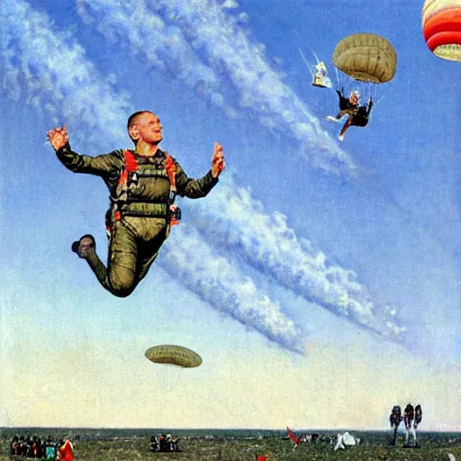 Image similar to benjamin netanyahu skydiving, plane and parachute in background, by norman rockwell, highly detailed, sharp faces