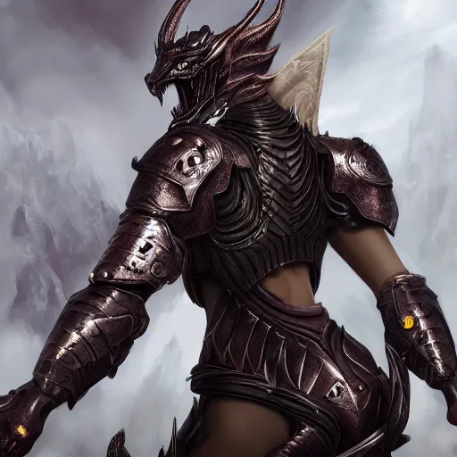 Image similar to stunning cinematic elegant back end shot, of a beautiful female knight, but as an anthropomorphic female dragon, well designed highly detailed cute female dragon head with slick eyes and maw, looking back at the camera, well armored, sharp claws, arms crossed, HD octane render, fantasy, furry art, Artstation, Deviantart, Furaffinity