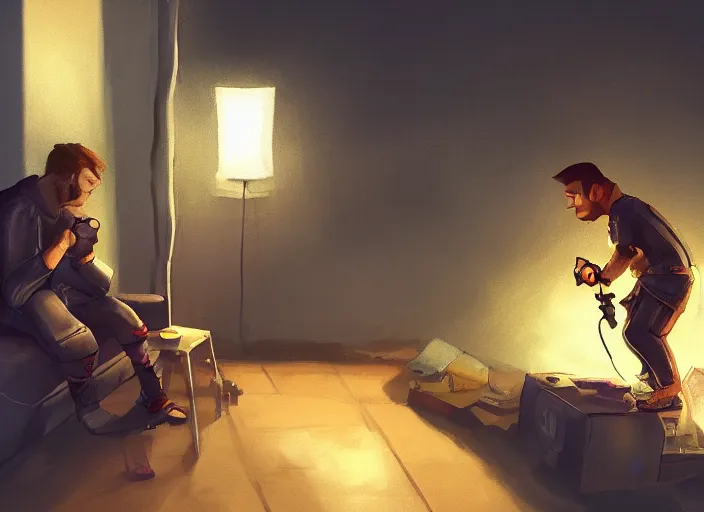 Image similar to video gamecore, gamecore, gamercore portrait of a man playin playstation on his home at night, cinematic perspective, trending in artstation, behance, deviantart