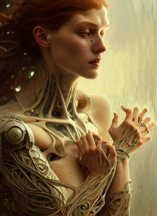 Prompt: organic cyborg, wood, diffuse lighting, fantasy, intricate, elegant, highly detailed, lifelike, photorealistic, digital painting, artstation, illustration, concept art, smooth, sharp focus, art by John Collier and Albert Aublet and Krenz Cushart and Artem Demura and Alphonse Mucha