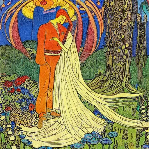 Image similar to a young couple who moved to another planet, hot weather, full growth, by Ivan Bilibin, Russian fairytales illustration