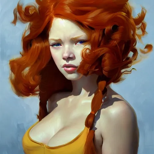 Image similar to greg manchess portrait painting of ginger girl!!! long curly hair!! evil, sad! with a ginger cat as overwatch character, medium shot, asymmetrical, profile picture, organic painting, sunny day, matte painting, bold shapes, hard edges, street art, trending on artstation, by huang guangjian and gil elvgren and sachin teng