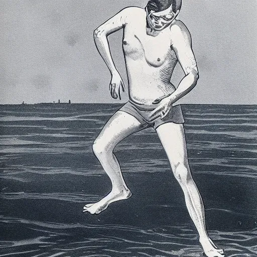 Prompt: a vintage scientific illustration from the 1970s of a man walking on water