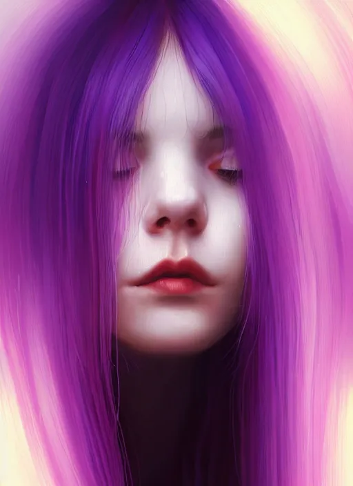 Image similar to hair whitebangs hair, black hair, whitebangs, portrait of teenage girl with white bangs, red irises, purple clothes, white bangs, bangs are different color from hair, intricate, elegant, glowing lights, highly detailed, digital painting, artstation, concept art, smooth, sharp focus, illustration, art by wlop, mars ravelo and greg rutkowski