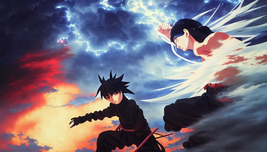 Image similar to baroque oil painting of key visual ninja war, storm, fake detail, trending pixiv fanbox, acrylic palette knife, style of makoto shinkai takashi takeuchi yoshiyuki sadamoto greg rutkowski chiho aoshima