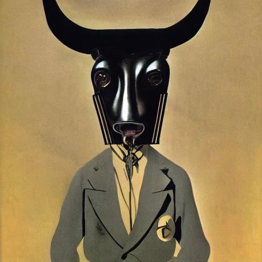 Prompt: A portrait of a humanoid cyberpunk cow wearing a suit, eerie, by Salvador Dali