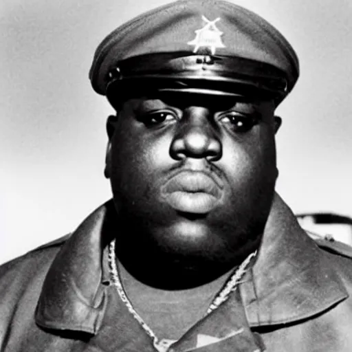 Prompt: Biggie Smalls as an American soldier on D Day, epic, WWII, 1940s photo, cinematic, highly detailed, gritty, combat, sharp focus, closeup