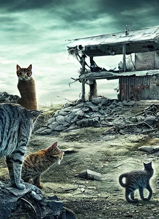 Prompt: cats in a post apocalyptic landscape looking for food