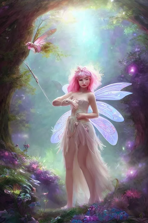 Image similar to a cute fairy in the dreamy forest, fantasy, 8 k resolution, hyper detailed, d & d, character design, digital painting, trending on artstation, sharp focus, illustration, art by artgerm, steve zheng, fuji choko, viktoria gavrilenko, hoang lap