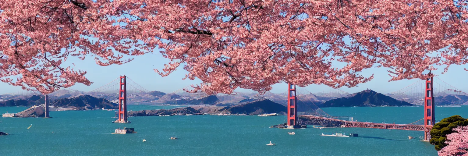 Prompt: awe-inspiring ukiyo-e landscape of San Francisco bay with the Golden Gate bridge in view, cherry blossoms on trees, 4k