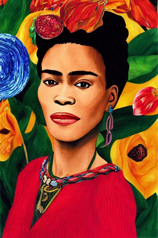 Image similar to Whitney Houston in Frida Kahlo painting style