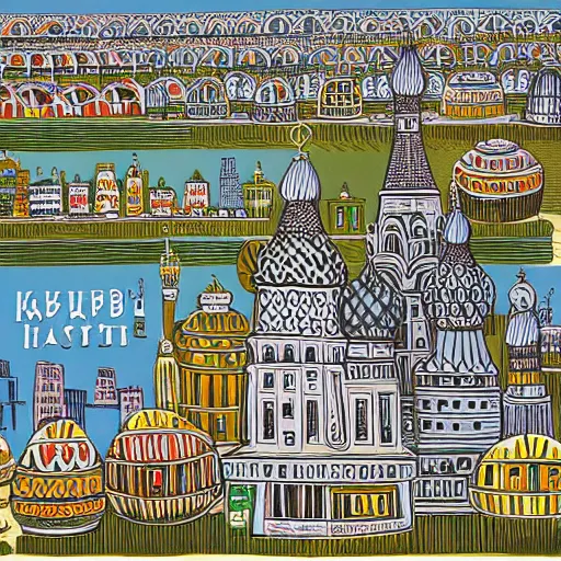 Image similar to by david bates ultradetailed. a print of a city made entirely out of kulich, a traditional russian easter bread. the city is bustling with activity. the print is playful & whimsical, with a touch of magic.