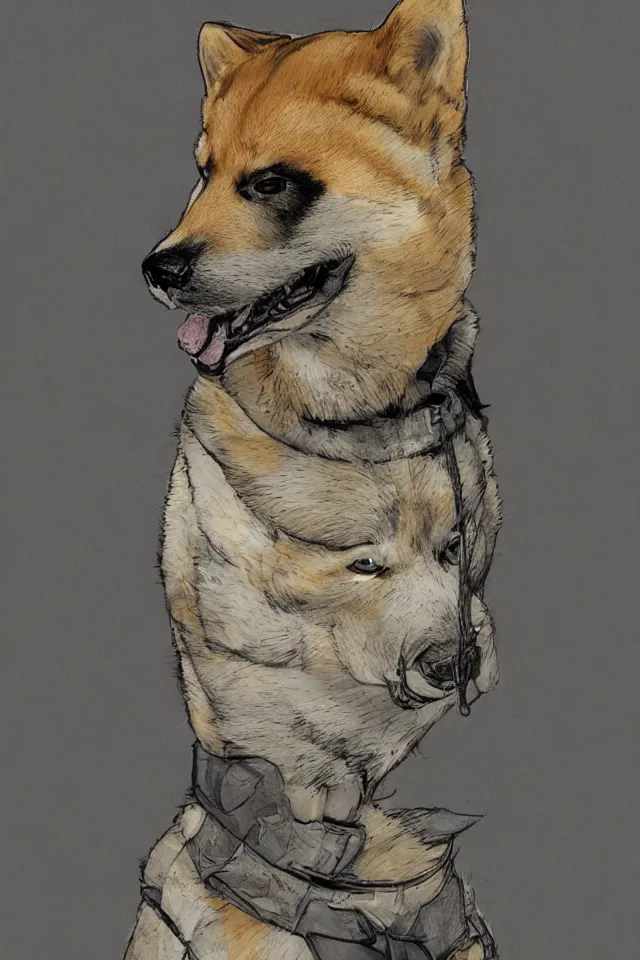 Prompt: a portrait of a shiba inu, in the style of yoji shinkawa artistic, highly detailed