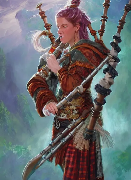 Image similar to female bard playing bagpipe, ultra detailed fantasy, dndbeyond, bright, colourful, realistic, dnd character portrait, full body, pathfinder, pinterest, art by ralph horsley, dnd, rpg, lotr game design fanart by concept art, behance hd, artstation, deviantart, hdr render in unreal engine 5