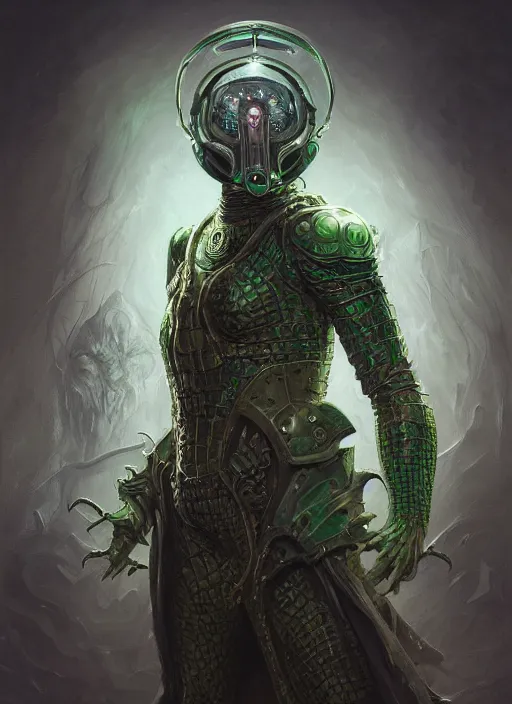 Prompt: horror machine glowing mf doom reptile eyes, grey green metal armor, elegant, highly detailed, centered, digital painting, artstation, concept art, smooth, sharp focus, illustration, artgerm, tomasz alen kopera, peter mohrbacher, donato giancola, joseph christian leyendecker, wlop, frank frazetta