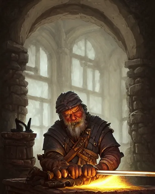 Prompt: an old blacksmith forging his final sword, his sad with grief and in pain from old injuries, his wall depicts his best weapons, deep focus, D&D, fantasy, intricate, elegant, highly detailed, digital painting, artstation, concept art, matte, sharp focus, illustration, hearthstone, art by Artgerm and Greg Rutkowski and Alphonse Mucha