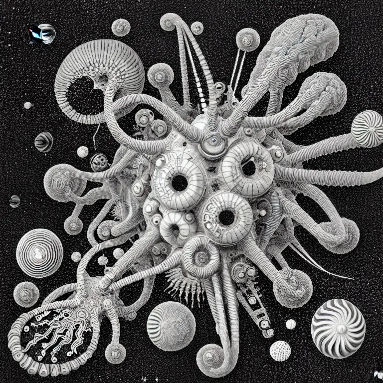 Image similar to a black and white drawing of a variety of sea life and filled with gundam mech equipment space station, a microscopic photo by ernst haeckel, zbrush central, kinetic pointillism, bioluminescence, biomechanical, intricate patterns, photoillustration