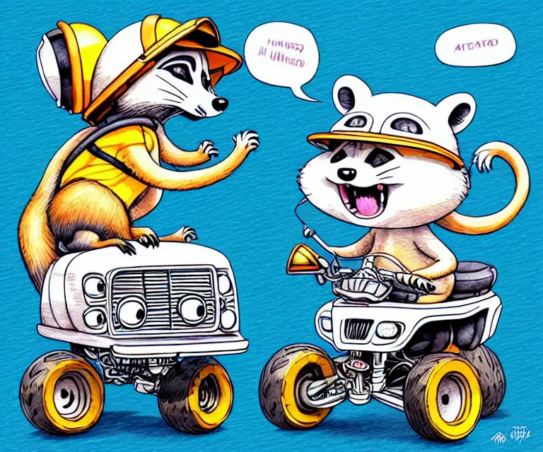 Prompt: cute and funny, racoon wearing a helmet riding in a tiny 4 wheeler with oversized engine, ratfink style by ed roth, centered award winning watercolor pen illustration, isometric illustration by chihiro iwasaki, edited by range murata, tiny details by artgerm, symmetrically centered