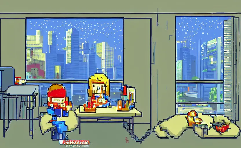 Image similar to Arcade-game Character sitting and relaxing in front of their work desk in their cozy room as a peaceful rainy city scene is seen through the room's window. Smooth Highly detailed masterpiece pixel-art. in the style of Close Highly detailed masterpiece professional artistry Sega, Namco, Neogeo, Capcom artist's Pixel-art. Trending on artstation. Slice-of-life genre art. Balanced colors and lighting scheme by James Gurney and artgerm. In the style of a 'Music to chill/study' to youtube video.