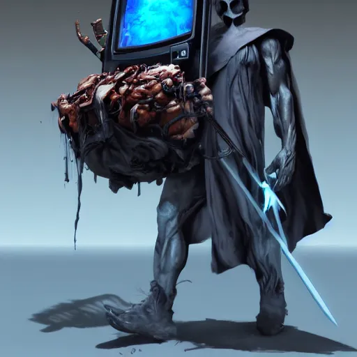 Image similar to a grim reaper carrying a crt monitor. the monitor has a blue screen with white letters. by frank frazetta, simon bisley, brom, concept art, octane render, unreal engine 5, highly detailed, high quality, 8 k, soft lighting, realistic face, path traced