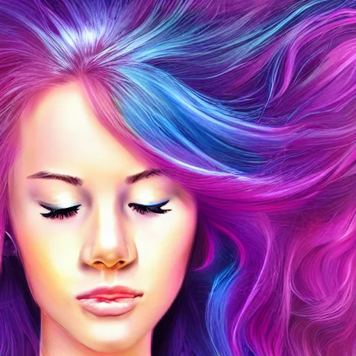 Prompt: portrait of a beautiful girl with iridescent translucent hair, her eyes are closed, hair is floating, digital art, ethereal