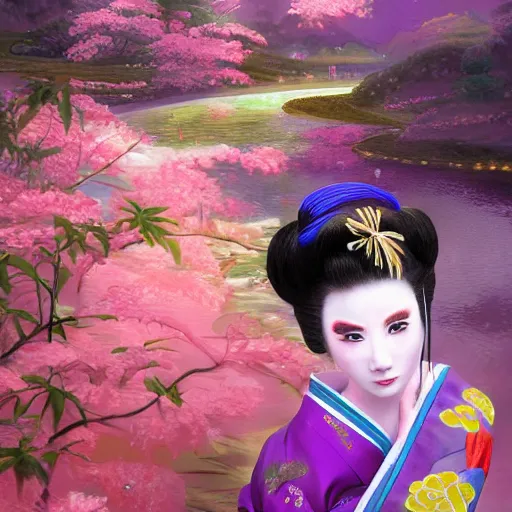 Image similar to detailed 風 景 + luminescent 背 景 + scenery artwork 厚 塗 り, artstation!! pixiv!! coloful geisha looking like billy illish in foreground!! width - 1 0 2 4