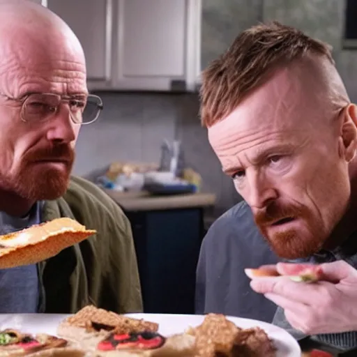 Image similar to walter white and jesse pinkman eating hamburger