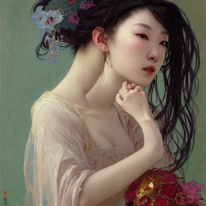 Image similar to A portrait of The bride in a Chinese wedding by Ross Tran!!! and alphonse mucha and greg rutkowski! and Gustave Doré!! and Zdzisław Beksiński!,In style of Impressionism.Symmetry.Highly detailed face.Fantasy,smooth,hyper detailed,sharp focus,Soft light.trending on artstation.oil on canvas