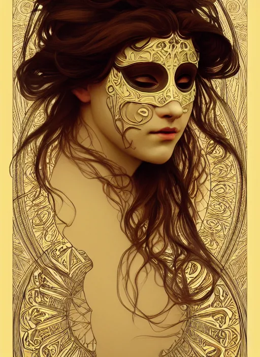 Prompt: a mask of my own face, intricate, elegant, highly detailed, lighting, painting, artstation, smooth, illustration, art by greg rutowski and alphonse mucha