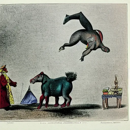 Prompt: color lithograph of a hippopotamus in a circus performing a trick.