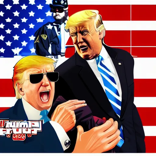 Prompt: joe biden wearing aviators and a sheriff outfit while laughing and arresting trump in gta v, cover art by stephen bliss, boxart, loadscreen