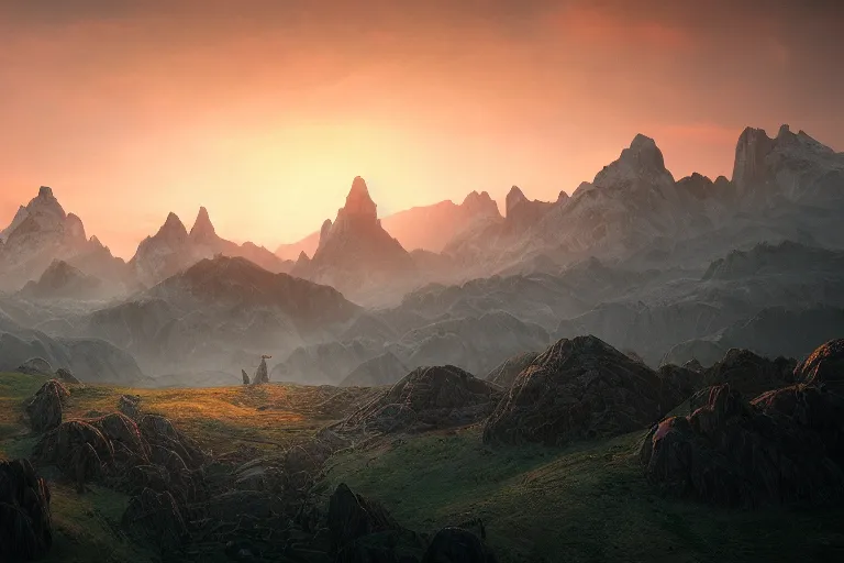 Image similar to Lothl'rien mountains from the Fellowship of the Ring by Peter Jackson, magical, sunset color scheme, landscape, fantasy, cinematic, Tolkien, octane render, trending on artstation, spiritual