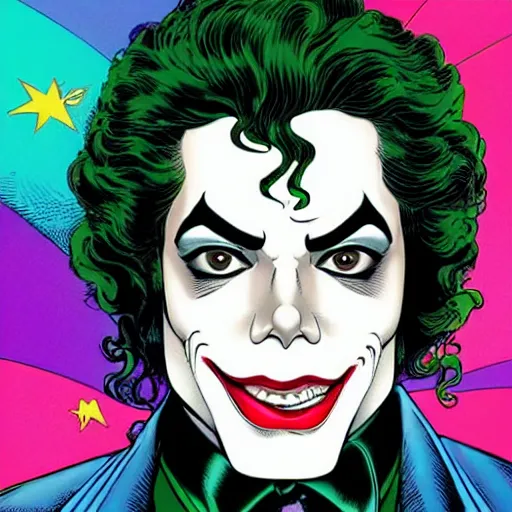 Image similar to dynamic macro head portrait of beautifu michael jackson as the joker in white sequined jacket by john romita sr and cory walker and ryan ottley and jack kirby and barry windsor - smith, comic, illustration, photo real